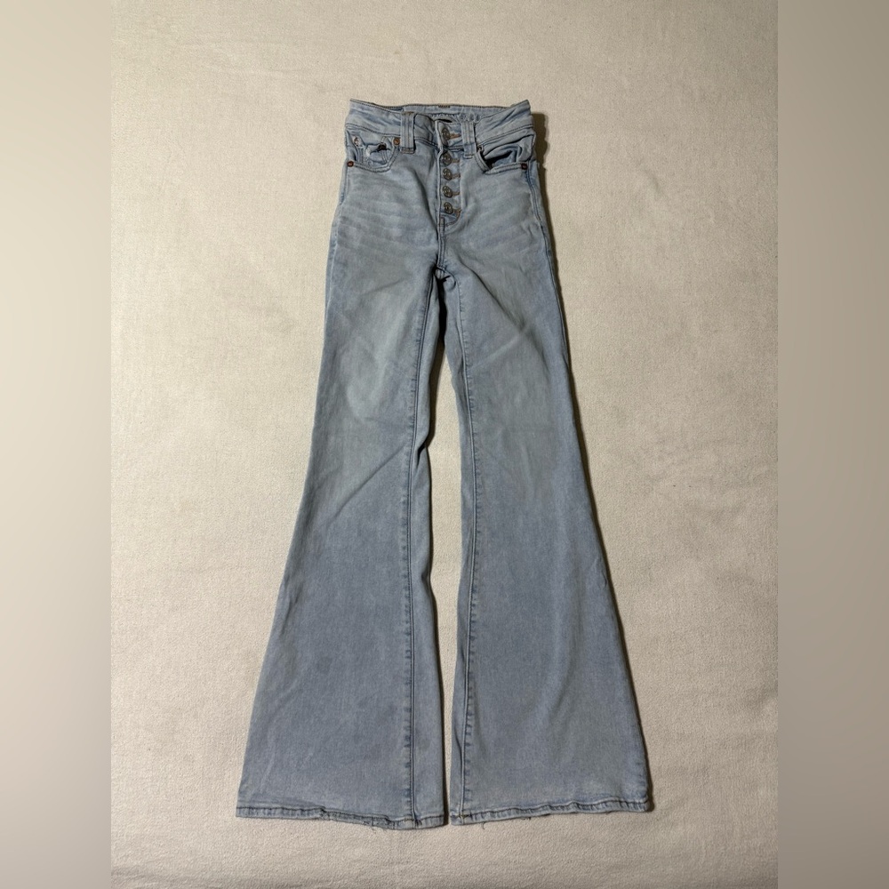 American Eagle Jeans Women's 00 Blue Super Hi Rise Flare Stretch Denim *Flaws